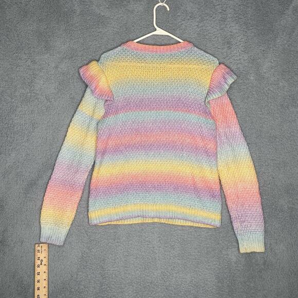 Loft Ann Taylor rainbow cable knit sweater ruffle shoulder winter colorful L - Picture 2 of 7